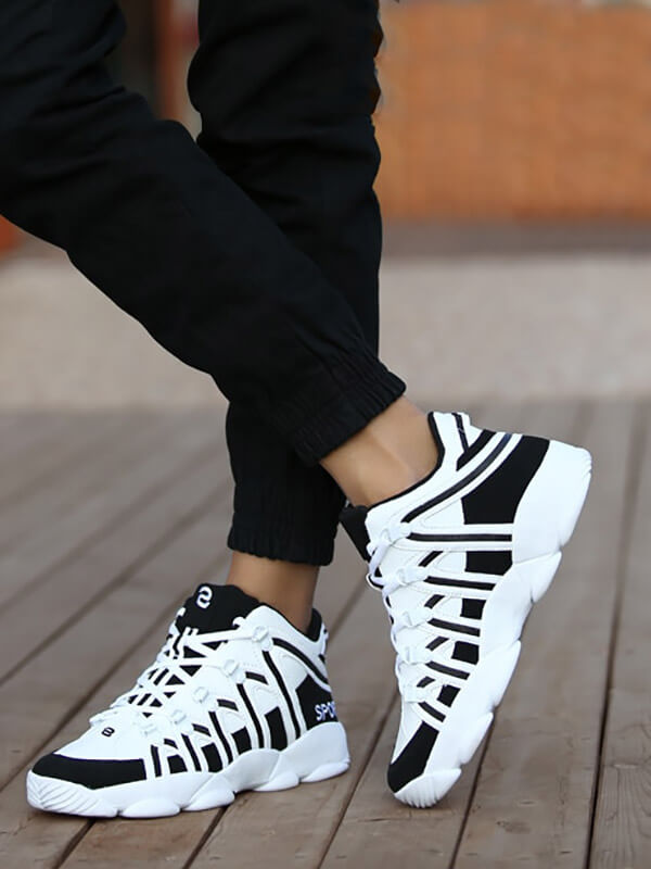 Unisex fashion high lace-up sneakers SF1075, featuring durable PU upper, breathable mesh lining, and bold black-and-white design.