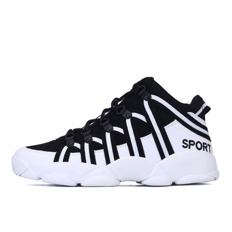 Fashion high lace-up sneakers with black and white stripes, unisex design, PU upper, and durable rubber outsole, perfect for any look.