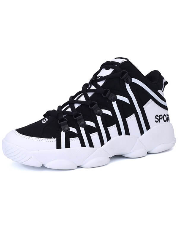 Fashion high lace-up sneakers SF1075 with black and white design, unisex fit, PU upper, mesh lining, rubber outsole for comfort and style.