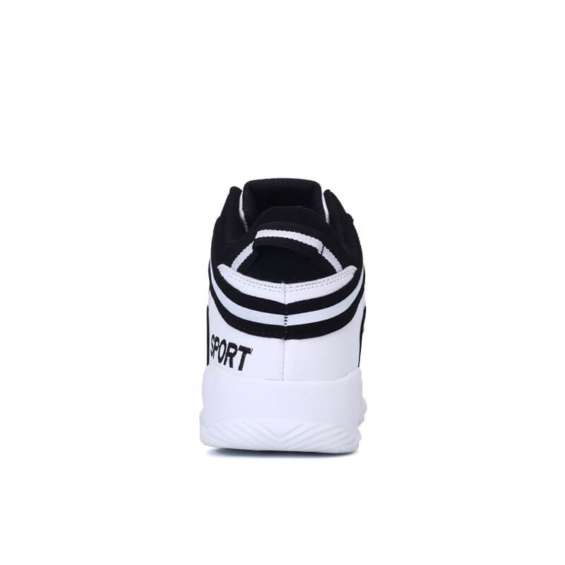 Back view of black and white high lace-up sneaker with 'SPORT' text, unisex design, rubber outsole for style and comfort.