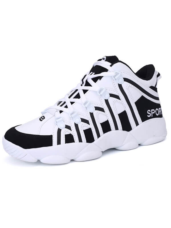 Unisex fashion high lace-up sneakers, white and black design, PU upper, EVA insole, rubber outsole, perfect for sports and style, SF1075.