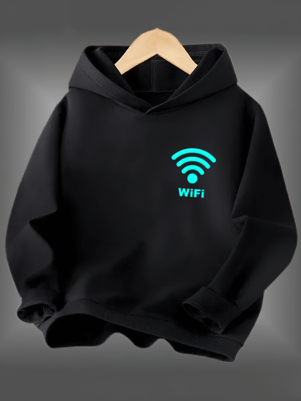 Fashion Kids Hoodie With Glowing Wi-Fi Graphic - SF3822 in black color with Wi-Fi signal design for tech-savvy children.