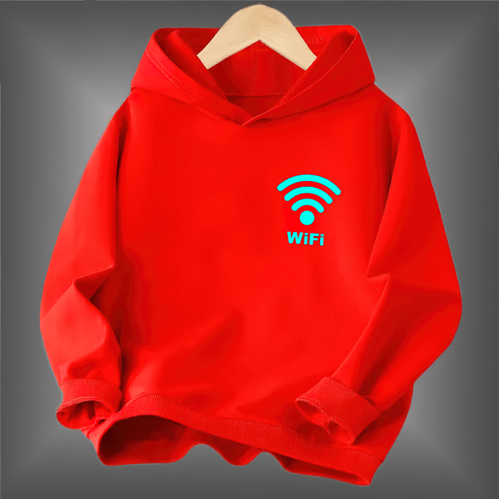 Fashion Kids Hoodie With Glowing Wi-Fi Graphic - SF3822, red children's pullover with illuminating Wi-Fi design, perfect for tech-loving kids