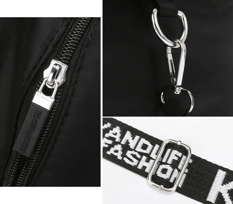 Close-up of fashion large lightweight yoga handbag details, featuring a sturdy zipper, silver clip, and branded strap for durability.