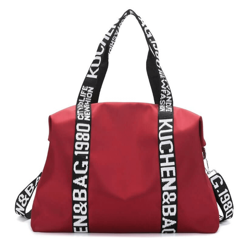 Red large lightweight yoga handbag for women with stylish black straps, perfect for travel, gym, and sports activities.