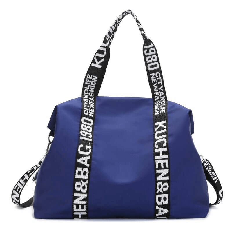 Blue lightweight yoga handbag for women with stylish printed straps, perfect for gym and travel. SF0160, 51x38x15cm nylon bag.