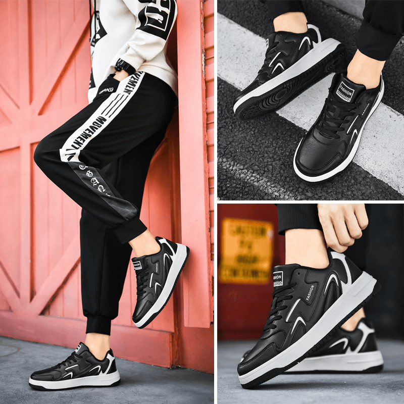 Unisex fashion leather walking sneakers with lace-up design, featuring durable microfiber, rubber outsole, and comfortable EVA insole.