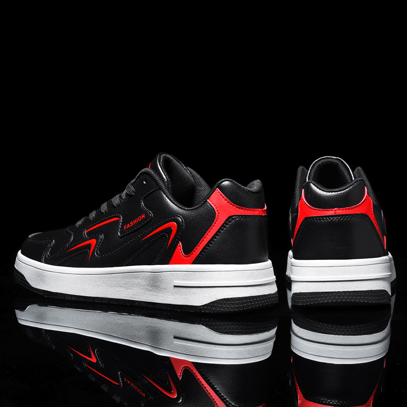 Unisex fashion leather walking sneakers with red accents and lace-up design, featuring a durable rubber outsole and comfortable fit for casual wear.