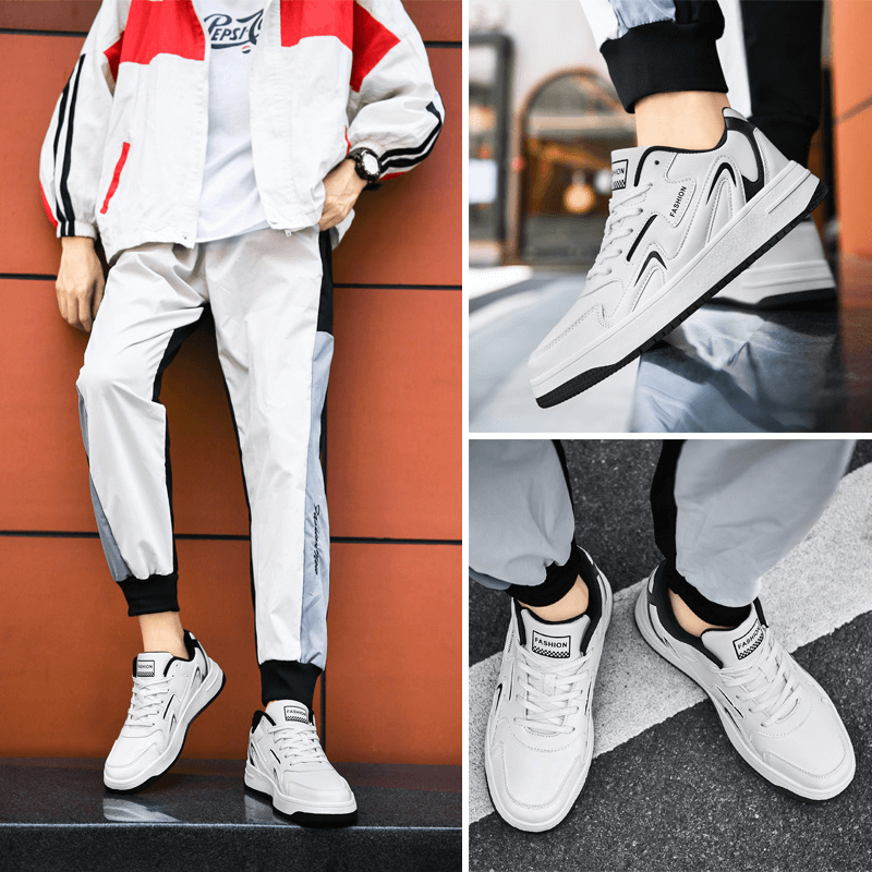 Fashion Leather Walking Sneakers With Lace-Up / Casual Flat Shoes - SF1467