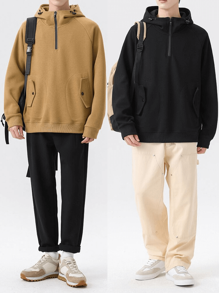 Two models wearing Fashion Long Sleeves Half-Zip Hoodies with Pockets in khaki and black, displaying style and comfort for men.