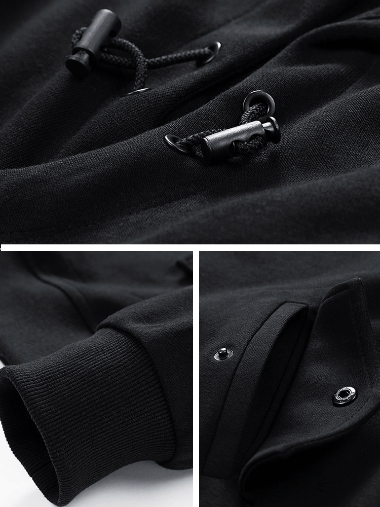 Close-up of black Fashion Long Sleeves Half-Zip Hoodie SF1507 with pocket, drawstring, and cuff details.