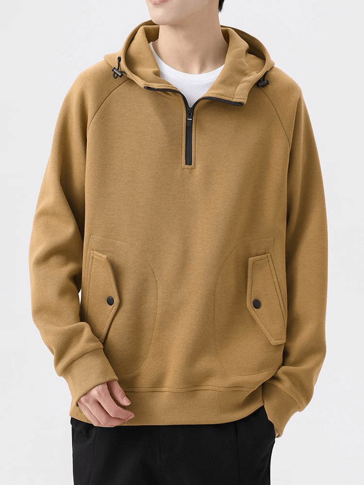 Model wearing khaki Fashion Long Sleeves Half-Zip Hoodie SF1507 with pockets, showcasing style and comfort in lightweight fabric.