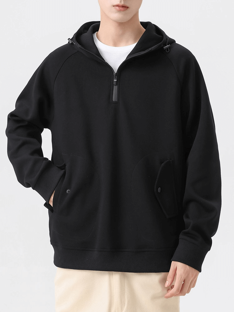 Fashion long sleeves half-zip hoodie with pockets in black, perfect for style and comfort - Model SF1507 for men