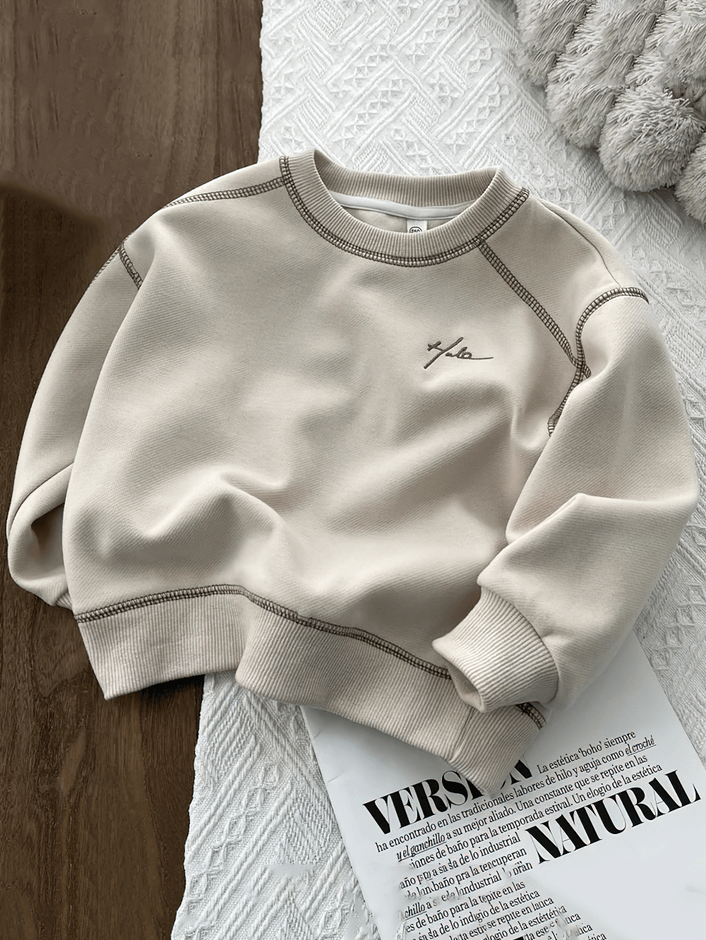 Fashion Loose Crewneck Cotton Pullover for Kids - SF3531 in beige, displayed on a stylish background for a trendy look.