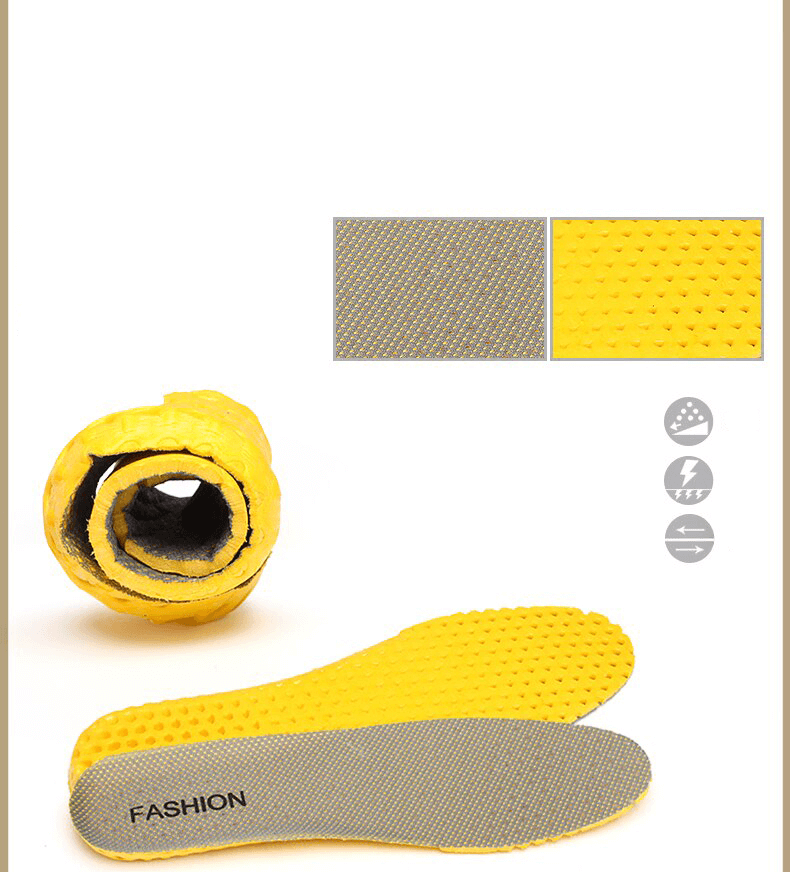 Yellow EVA insoles for breathable genuine leather shoes, featuring textured design for comfort and traction.