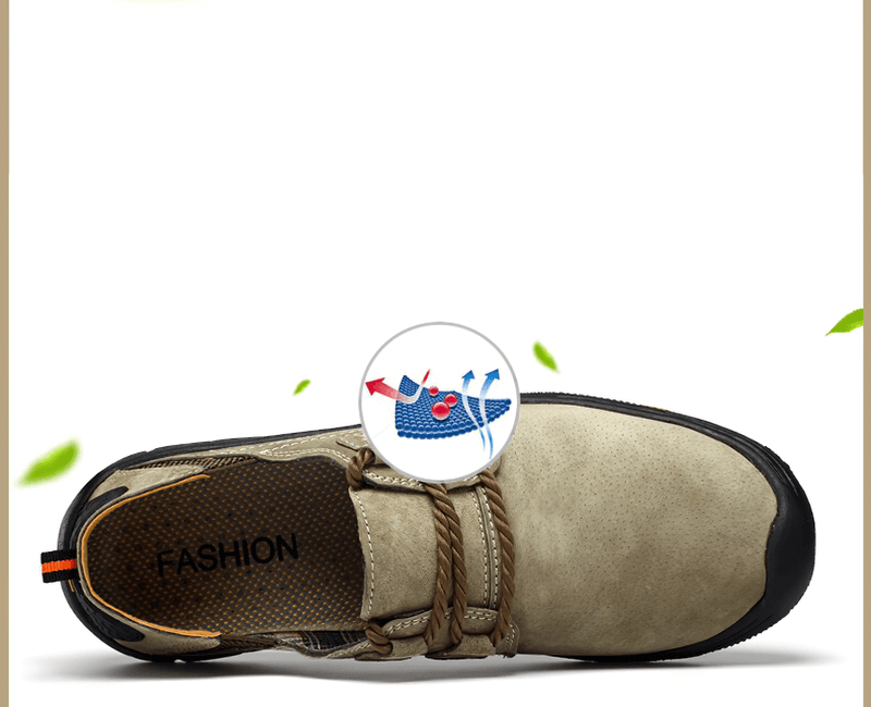 Fashionable genuine leather trekking shoe with breathable design, lace-up closure, and durable rubber outsole for superior traction.