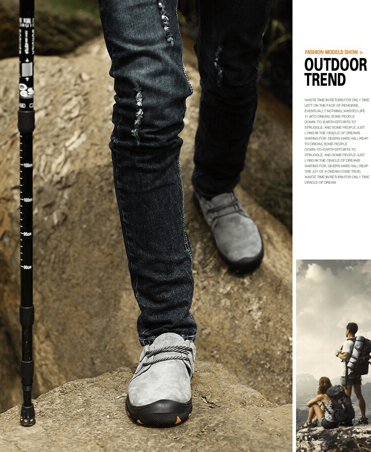 Man wearing Fashion Male Breathable Genuine Leather Shoes, trekking on rocky terrain with a hiking pole. Stylish outdoor footwear.