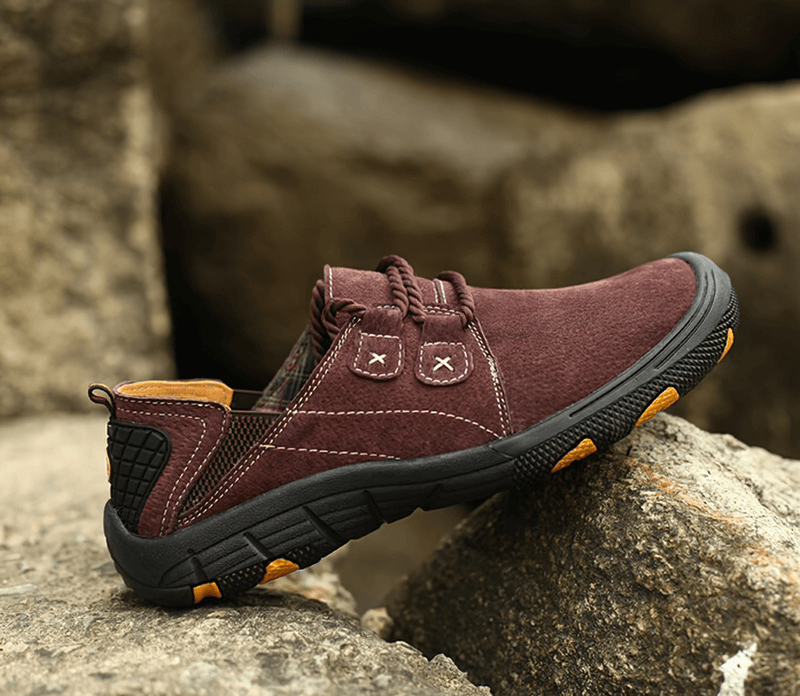 Men's breathable leather trekking shoes SF1344, maroon with durable sole, perfect for outdoor adventures.