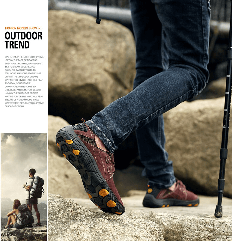 Man trekking on rocky terrain wearing breathable leather shoes with superior traction.