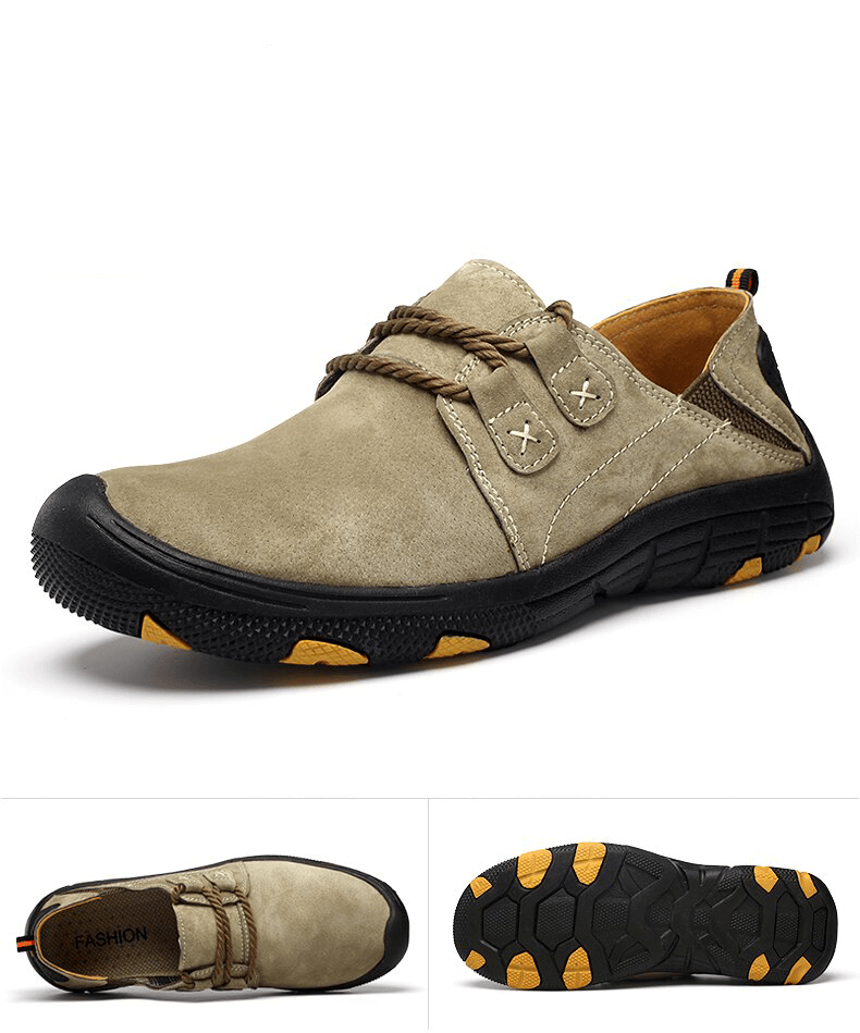 Fashion male breathable leather shoes, outdoor trekking footwear with lace-up closure and rubber outsole for superior traction.