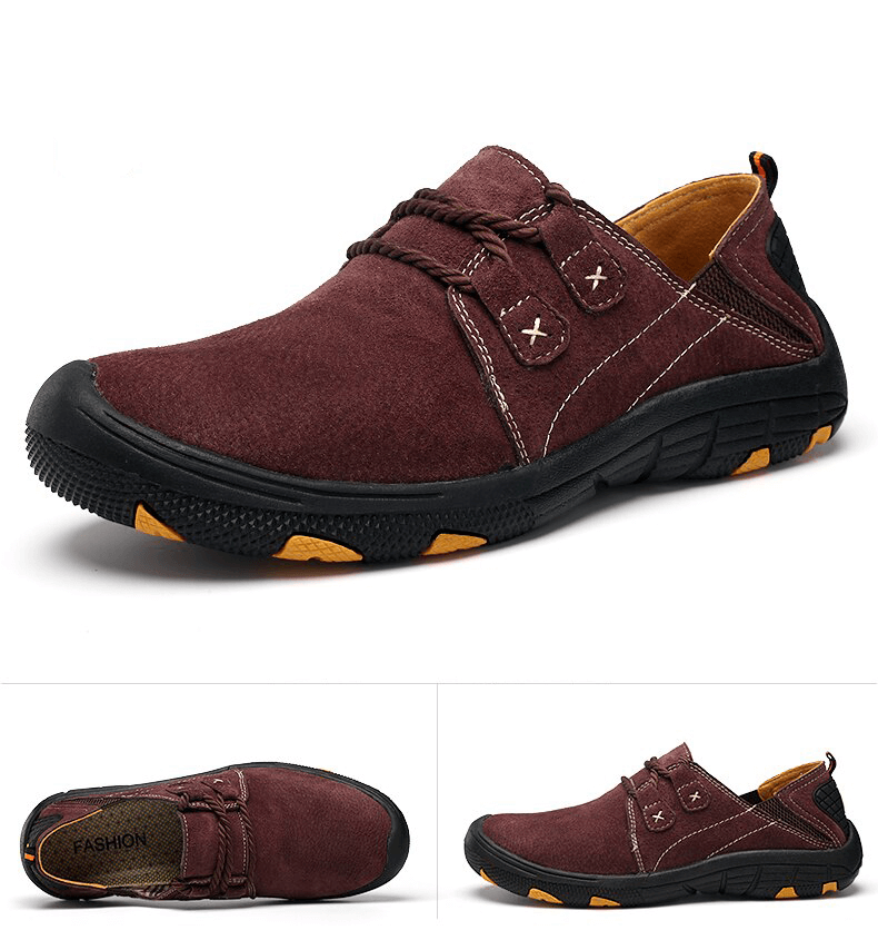 Fashion male breathable genuine leather shoes for outdoor trekking in brown, featuring lace-up closure and rubber outsole for comfort and traction.