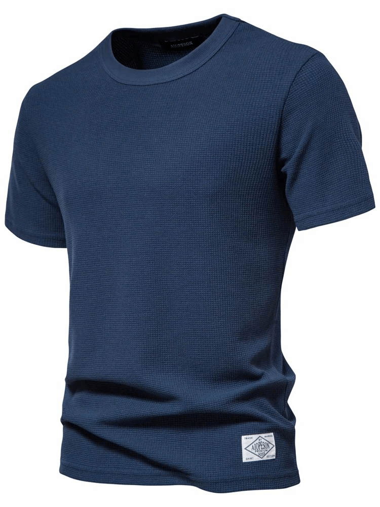 Navy blue short sleeve waffle t-shirt for men, featuring an o-neck collar and solid color design, SF1850 model.