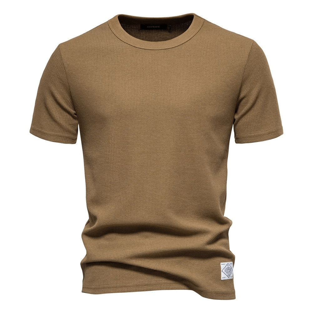 Fashion Male Solid Color Waffle T-Shirt in Tan - SF1850, Short Sleeves, O-Neck, Perfect for Comfort and Style