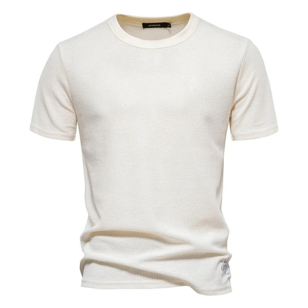 Fashion male solid color waffle t-shirt, short sleeves, o-neck, perfect for stylish comfort. SF1850.