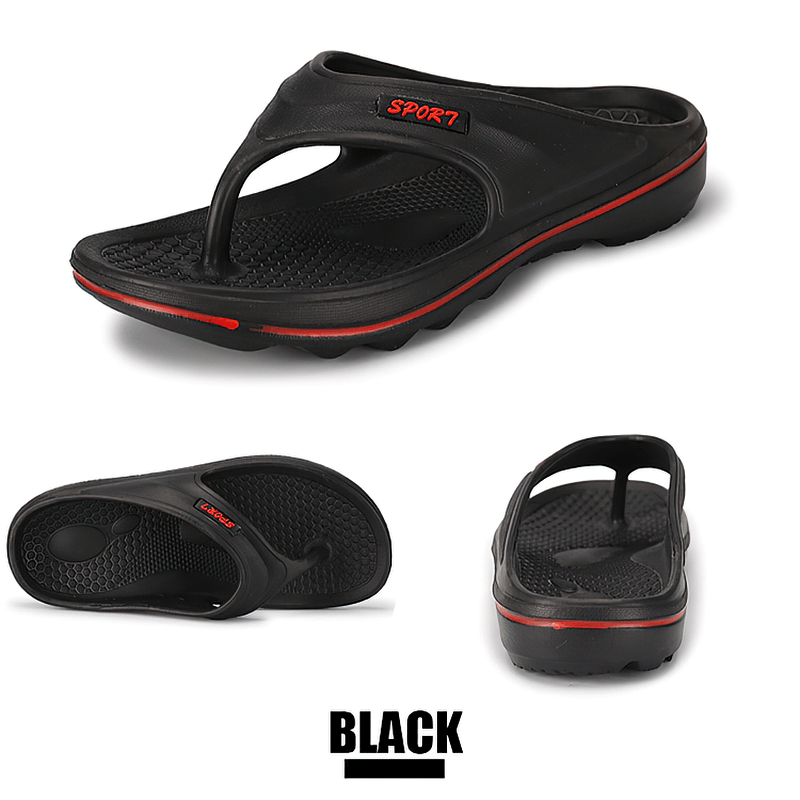 Men's black anti-slip flip flops SF1399 with EVA material, designed for comfort and beachwear. Featuring shallow design for male wearers.