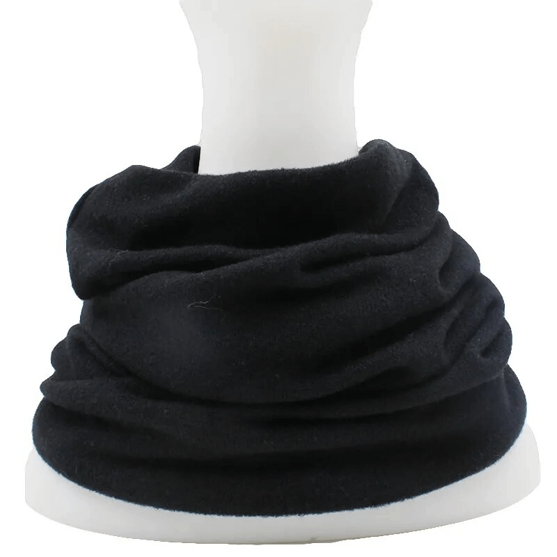 Black multifunction solid color hat scarf for women, made of durable polyester and acrylic, adding style and warmth to outfits.