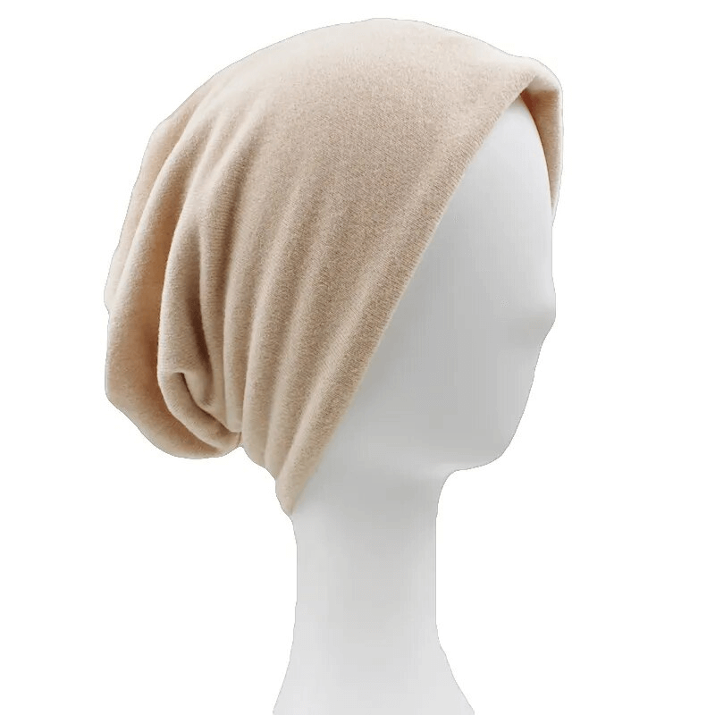 Beige solid color multifunction hat scarf for women on mannequin, perfect fashion accessory for all seasons. Product SF1681.