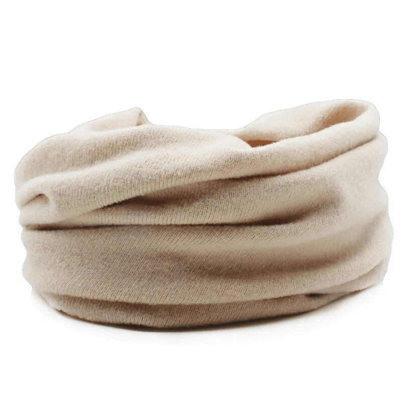 Beige multifunction solid color hat scarf for women, made of polyester and acrylic, offering style and warmth in one fashionable accessory.