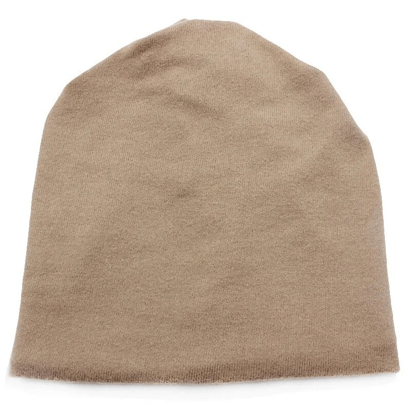 Fashionable solid color multifunction hat scarf for women in beige, made from durable polyester and acrylic.