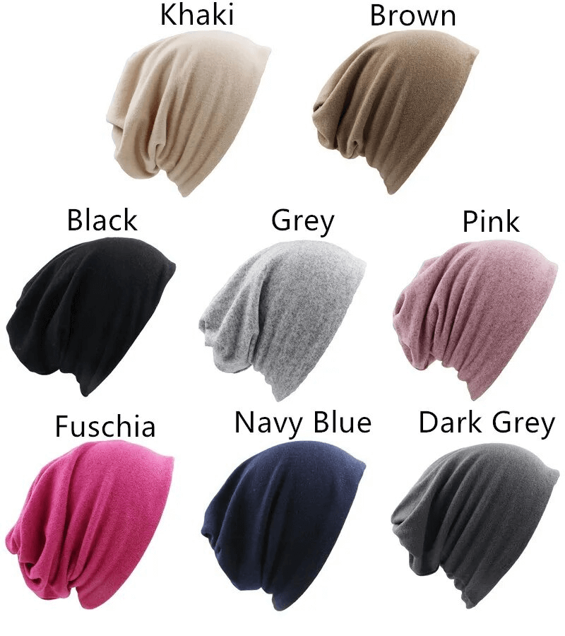 Colorful selection of multifunction solid hats in khaki, brown, black, grey, pink, fuchsia, navy blue, and dark grey for women.