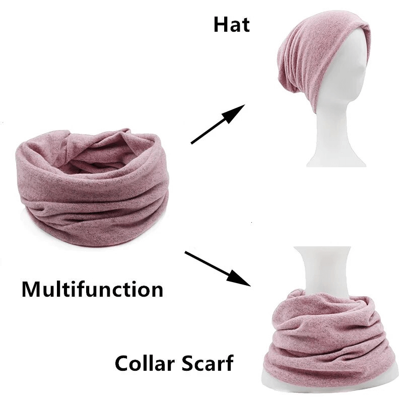 Multifunction hat scarf in mauve, shown as a hat and collar scarf, perfect for women seeking style, warmth, and versatility in fashion.