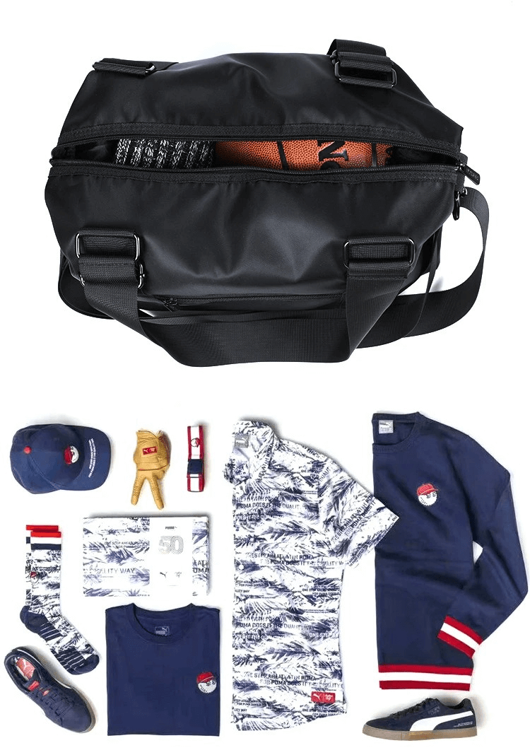 Black fashion nylon crossbody shoulder travel bag with athletic clothing and accessories laid out, perfect for outdoor fitness.