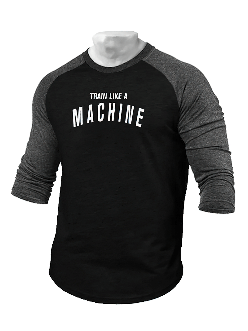 Men's black and grey 3/4 sleeve slim fit sports top with 'Train Like a Machine' print, ideal for gym and fitness activities.