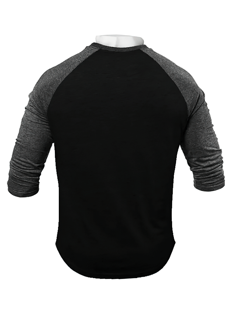 Back view of men's black slim fit 3/4 sleeve top, perfect for sports. Model SF1611, made from premium cotton, stylish and comfortable.