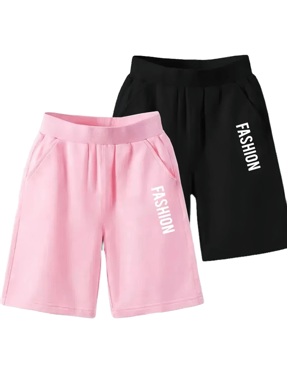 Fashion Shorts with Printed Design and Pockets - SF3835 in vibrant pink and black with "Fashion" graphic print and side pockets.