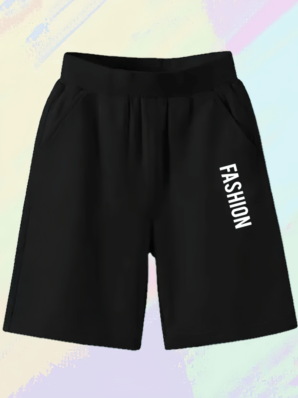 Fashion Shorts with Printed Design and Pockets - SF3835 in black with 'Fashion' graphic print.