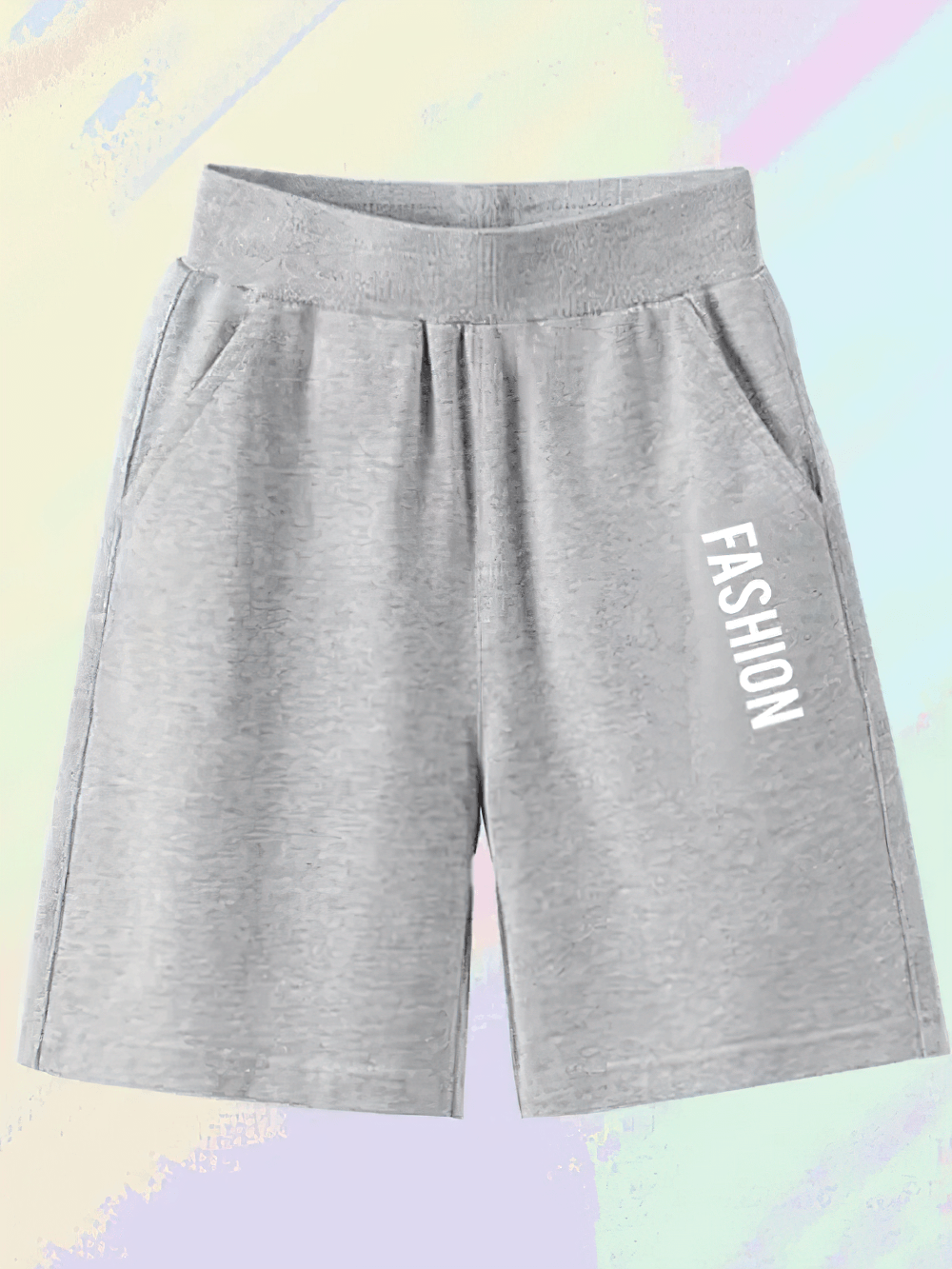 Fashion Shorts with Printed Design and Pockets - SF3835 in gray with 'Fashion' graphic print, elastic waistband, side pockets for kids.