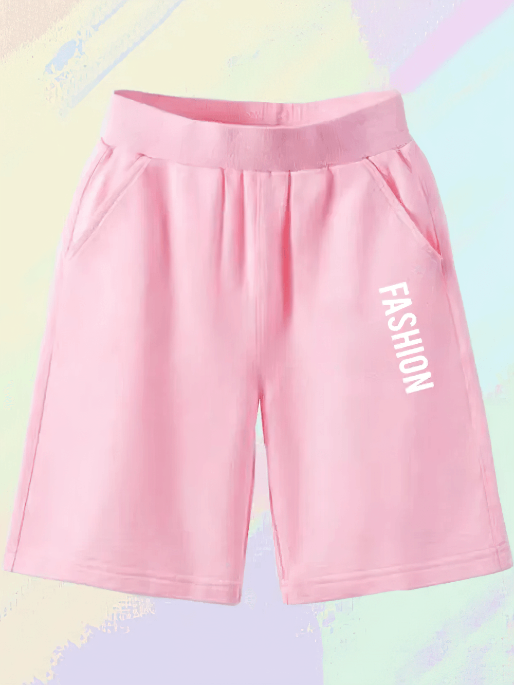Fashion Shorts with Printed Design and Pockets - SF3835 in vibrant pink with 'Fashion' graphic print and elastic waistband.
