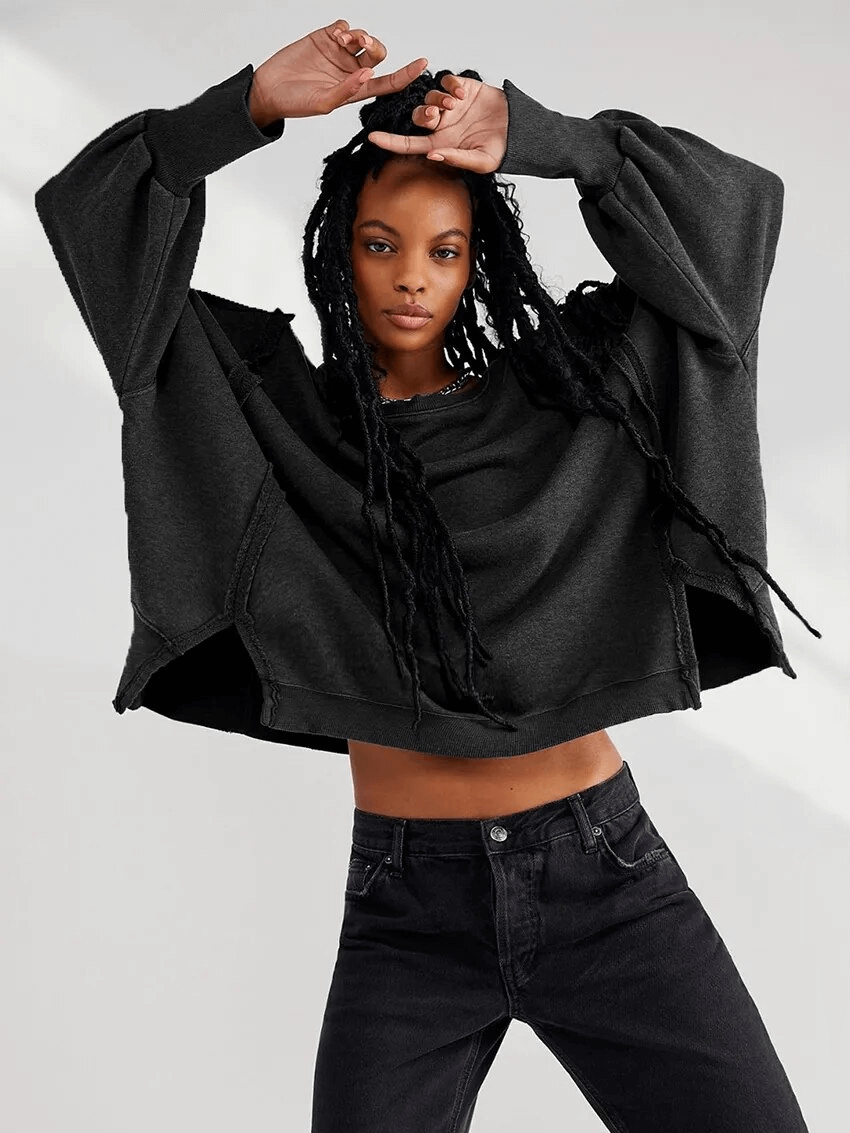 Fashion solid color drop shoulder loose sweatshirt for women, black, drop-shoulder style, casual look, O-neck, polyester fabric.