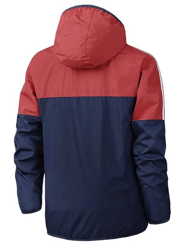 Men's fashion sports hooded striped thin jacket SF1900, red and navy blue, lightweight polyester spandex blend for all-day comfort.