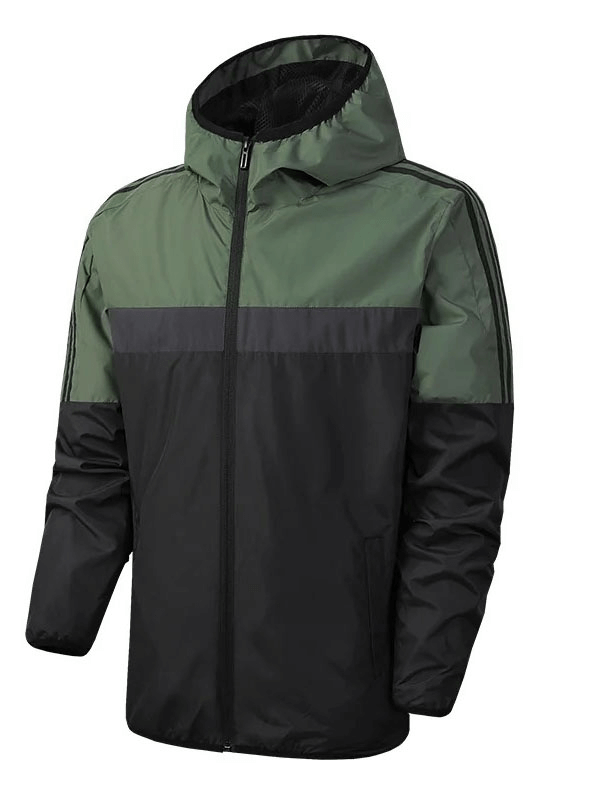 Men's Fashion Sports Hooded Striped Jacket SF1900 - Lightweight, breathable, stylish green and black design with zipper closure.