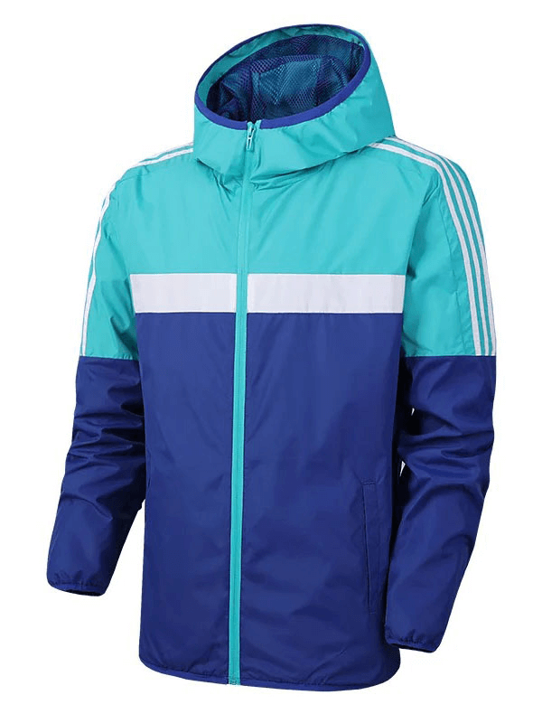 Men's fashion sports hooded striped thin jacket SF1900 in blue and turquoise with zipper closure, offering style and comfort.