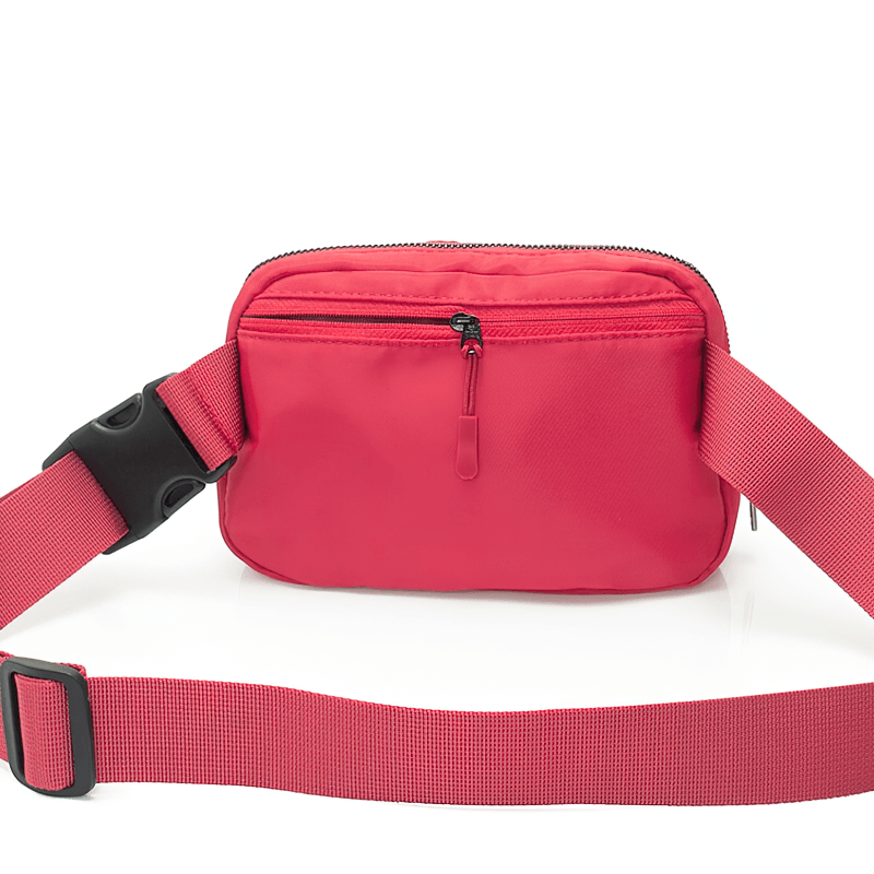 Red fashion sports waist bag for running with adjustable belt and secure zipper pocket. Perfect for unisex, sporting style.