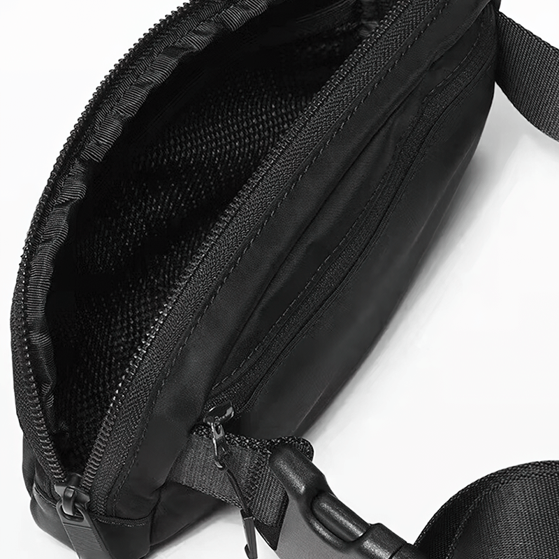 Black fashion sports waist bag SF1511 with interior zipper pocket and adjustable belt for running and sports activities.