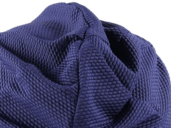 Close-up of breathable polyester outdoor sports beanie, blue fabric detail, lightweight and stylish for all seasons, unisex design.
