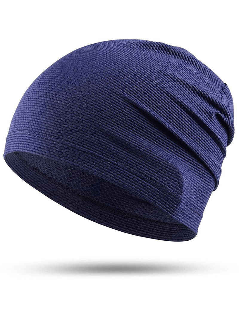 Thin breathable blue beanie for outdoor sports, unisex design in lightweight polyester, ideal for casual wear and activities.